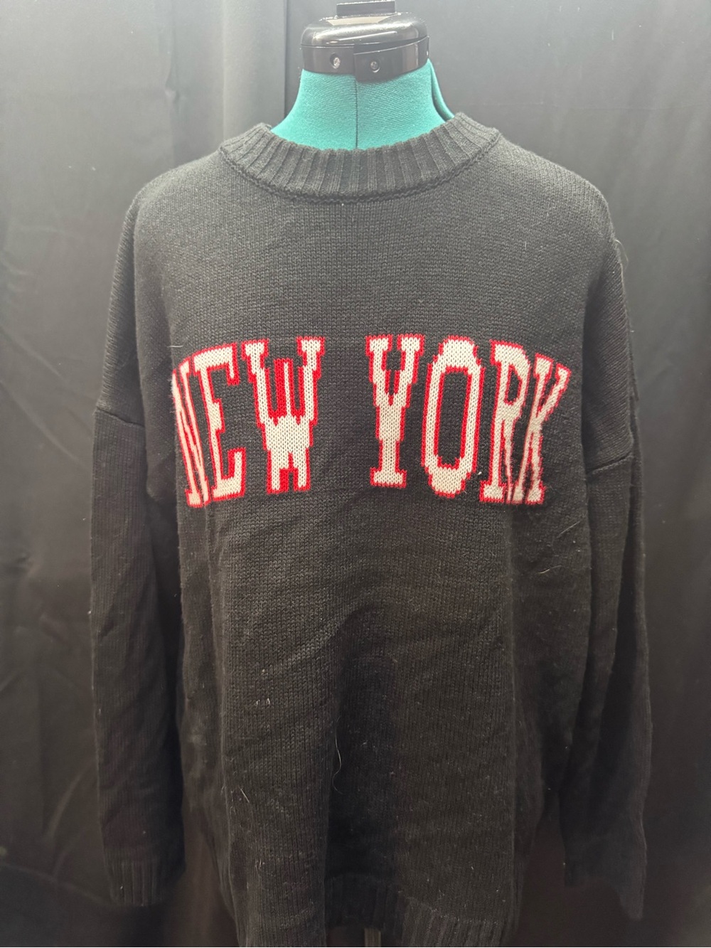 Black 'New York' Crewneck Sweater with Red & White Lettering